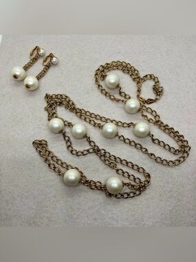 Vintage Sherman Faux Pearl & Gold Tone Chain Necklace + Clip-On Earrings Set